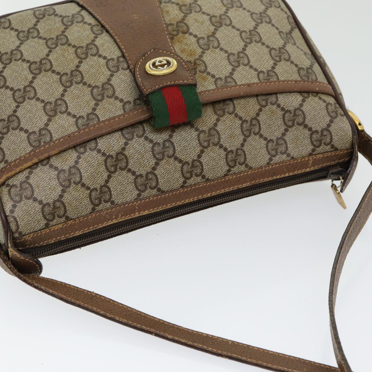 GUCCI GG Canvas Web Sherry Line Shoulder Bag PVC Beige Green Red Auth 86406