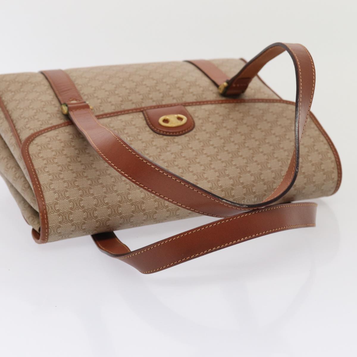 CELINE Macadam Canvas Hand Bag Beige Gold Auth 86426