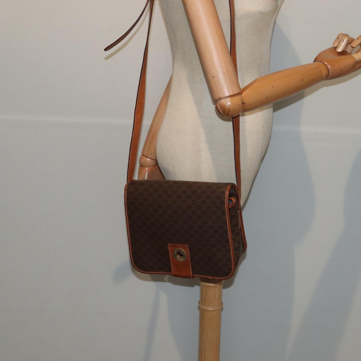 CELINE Macadam Canvas Shoulder Bag PVC Leather Brown Gold Auth 86427