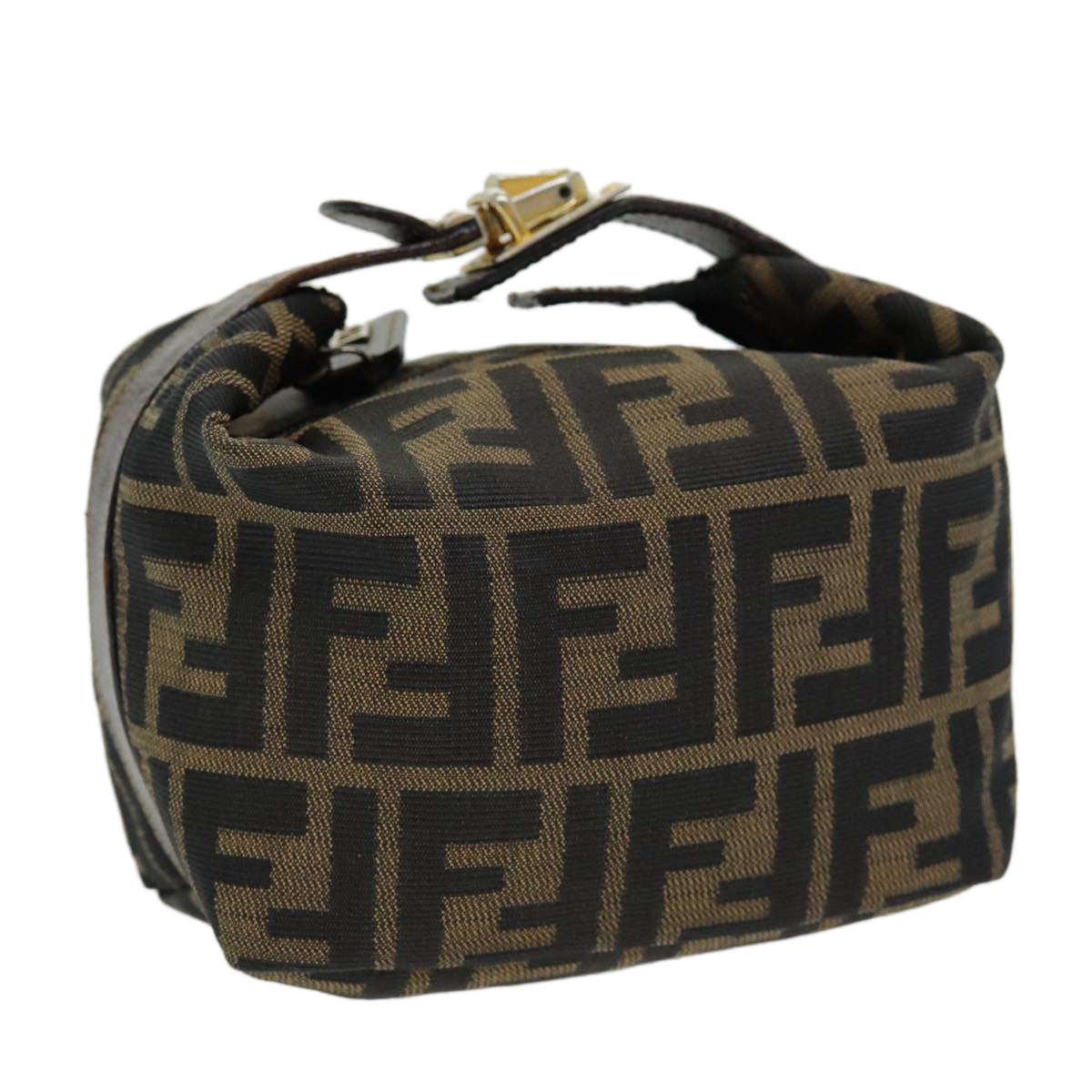 FENDI Zucca Canvas Vanity Pouch Brown Black gold Auth 86430