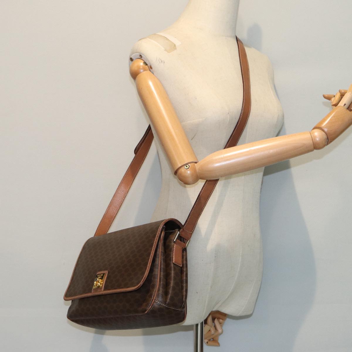 CELINE Macadam Canvas Shoulder Bag PVC Leather Brown Gold Auth 86433