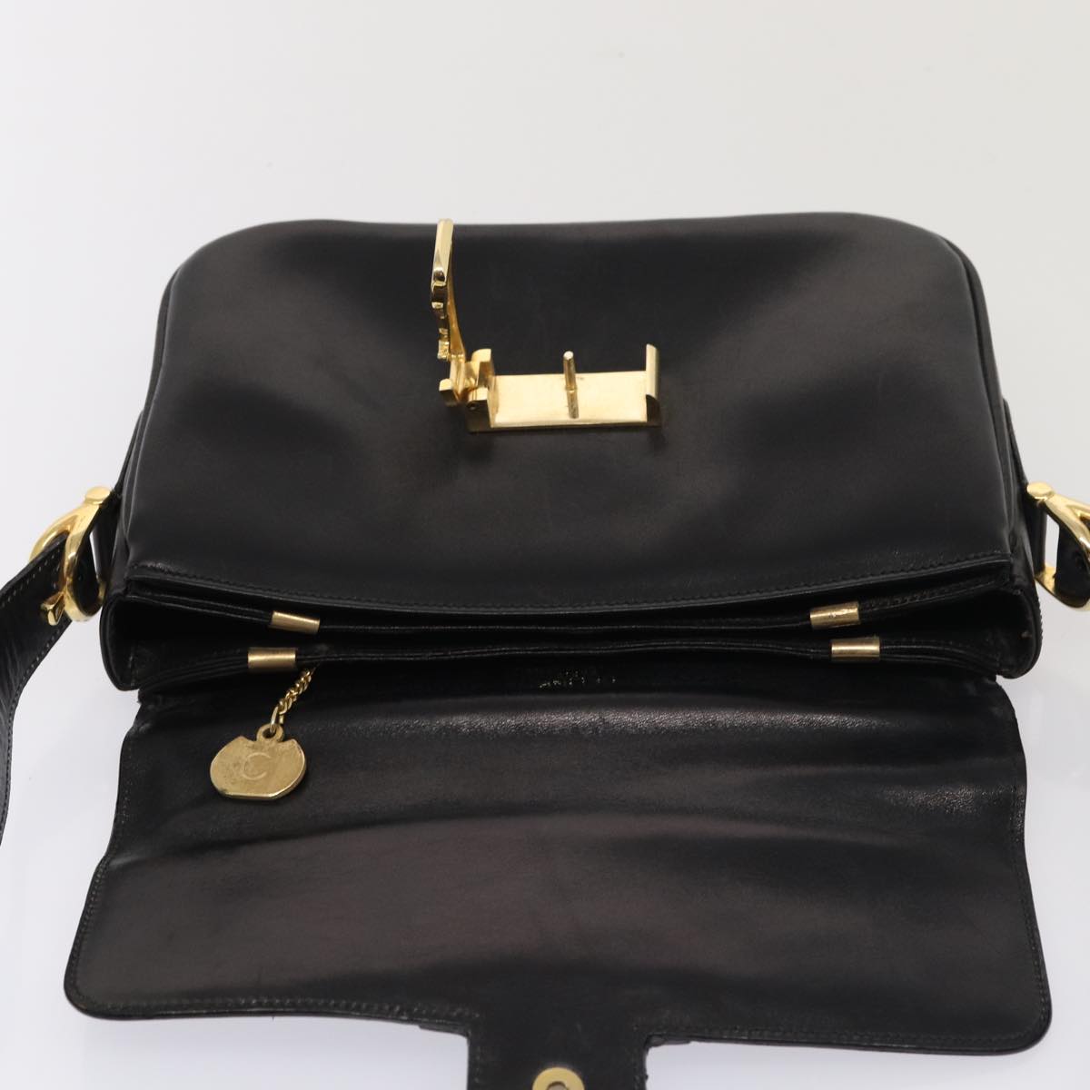 CELINE Shoulder Bag Leather Gold Black Auth 86434