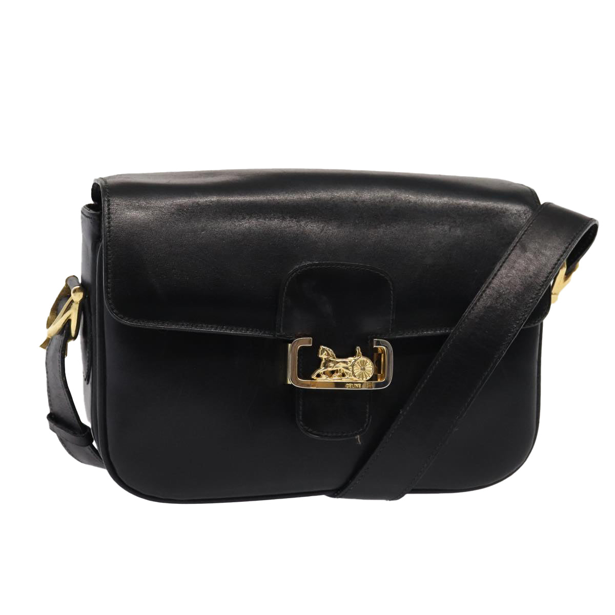 CELINE Shoulder Bag Leather Gold Black Auth 86434