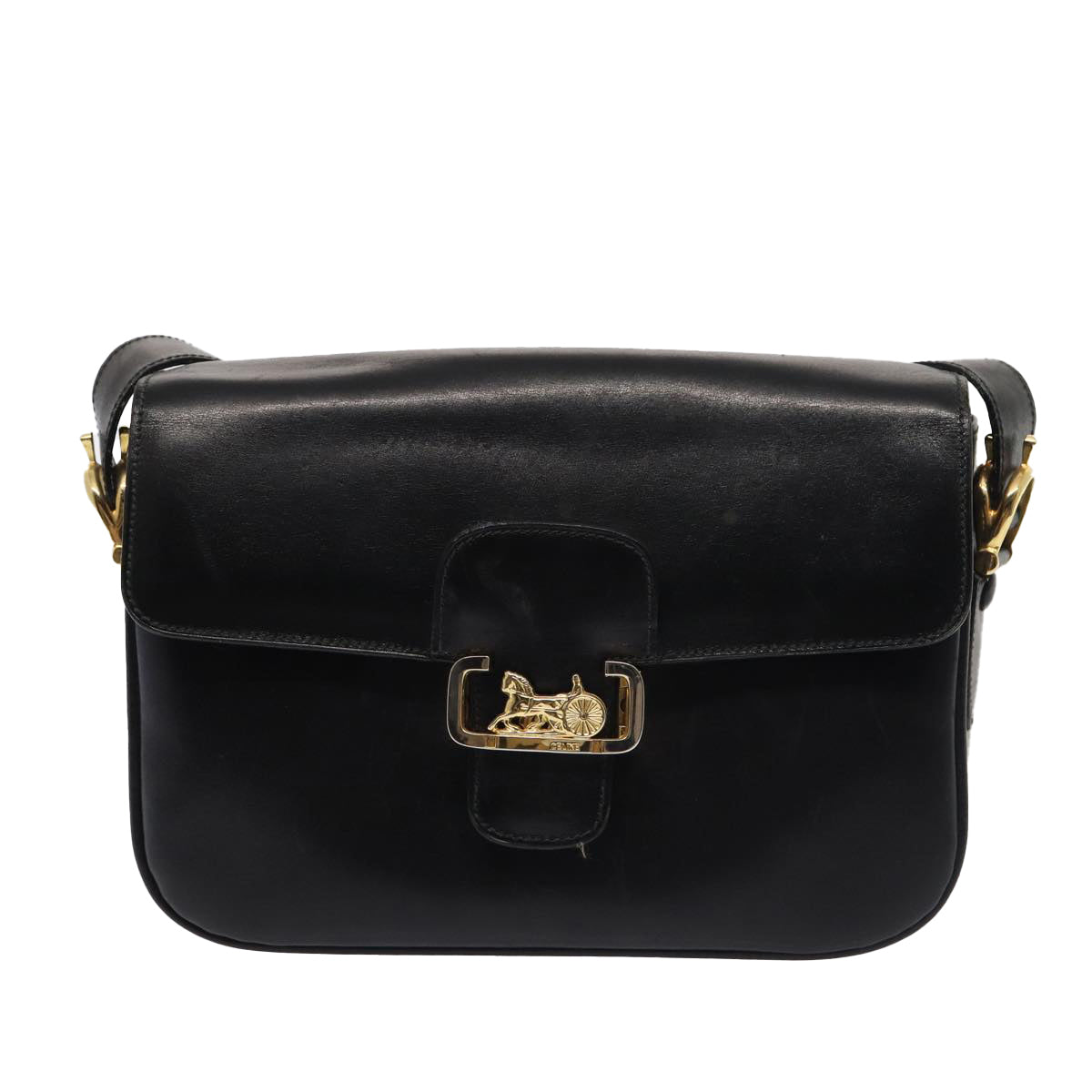 CELINE Shoulder Bag Leather Gold Black Auth 86434