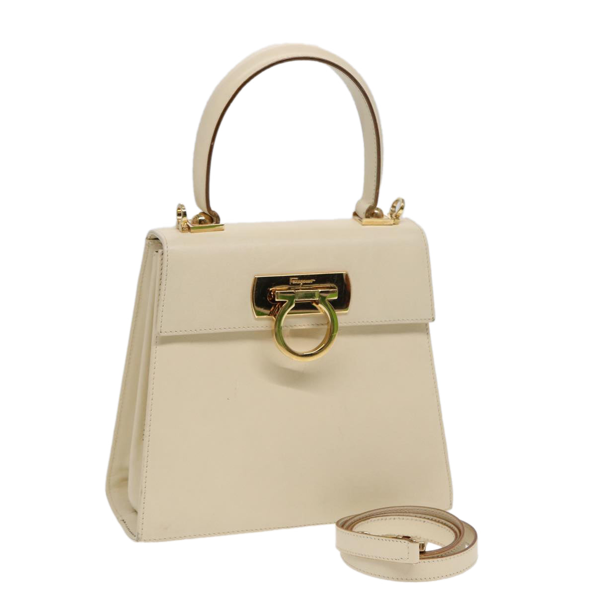 Salvatore Ferragamo Gancini Hand Bag Leather 2way White Gold Auth 86521