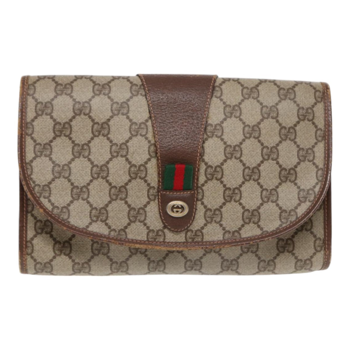 GUCCI GG Supreme Web Sherry Line Clutch Bag Brown 156 01 030 Auth 86523