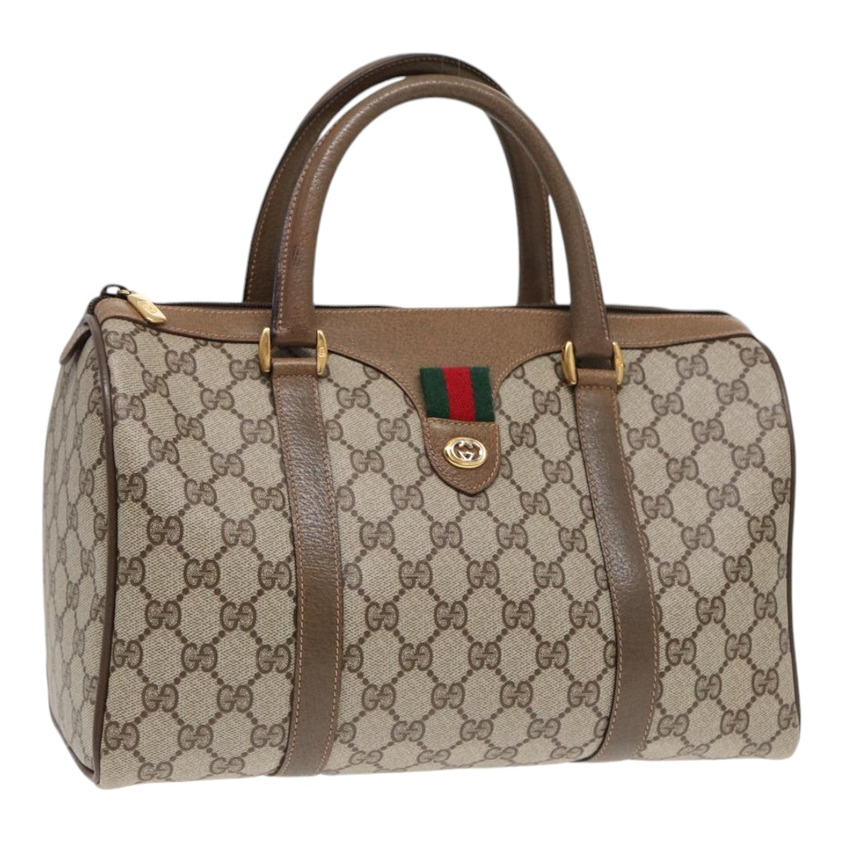 GUCCI GG Supreme Web Sherry Line Boston Bag PVC Beige Gold 40 02 007 Auth 86544