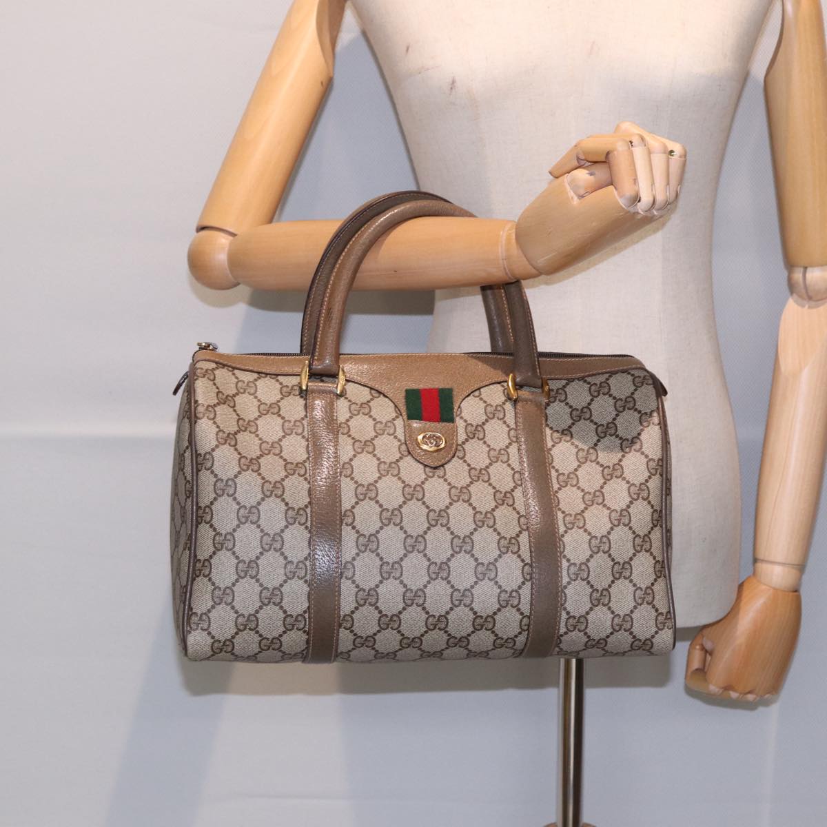 GUCCI GG Supreme Web Sherry Line Boston Bag PVC Beige Gold 40 02 007 Auth 86544