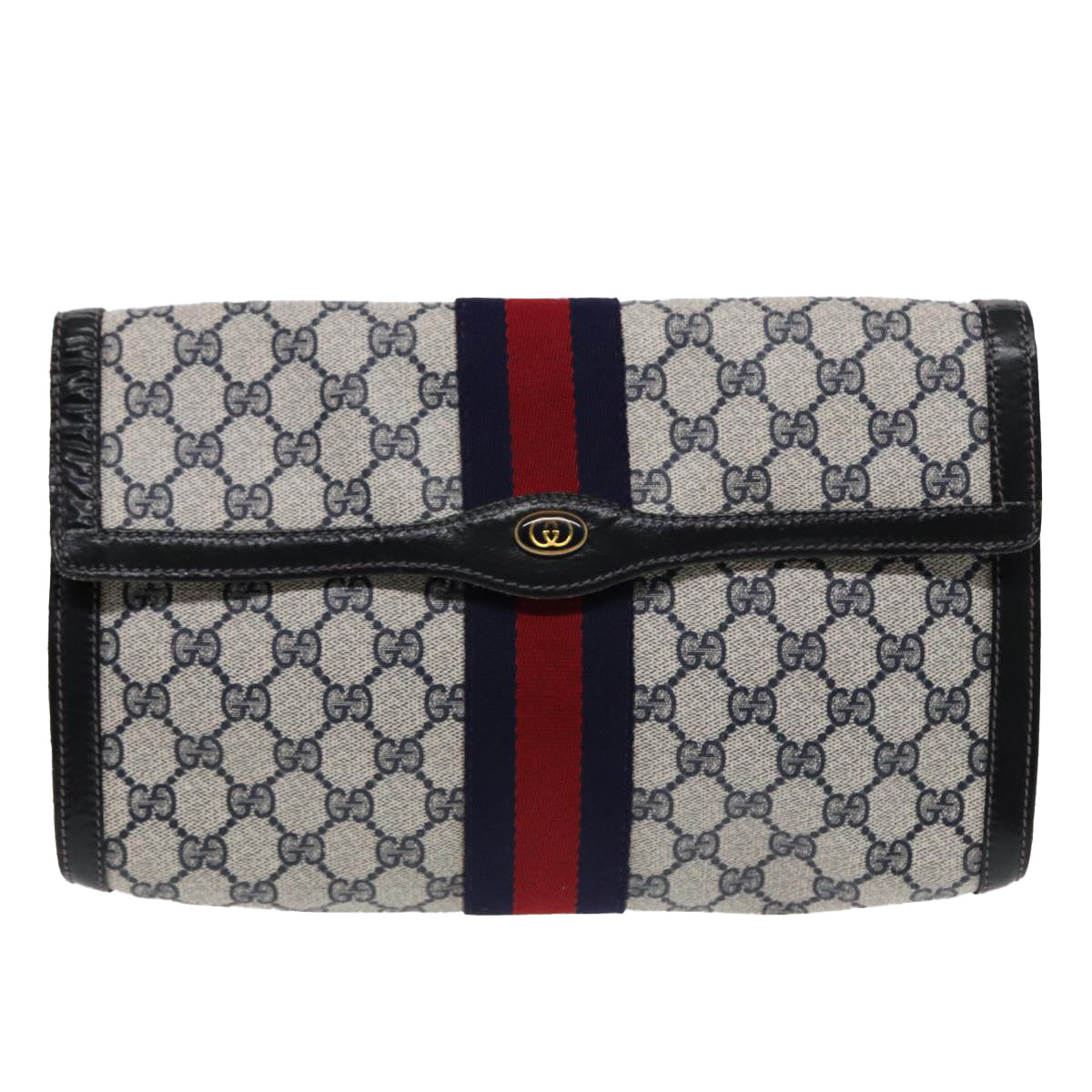 GUCCI GG Supreme Sherry Line Clutch Bag PVC Navy Gold 67 014 3087 Auth 86554