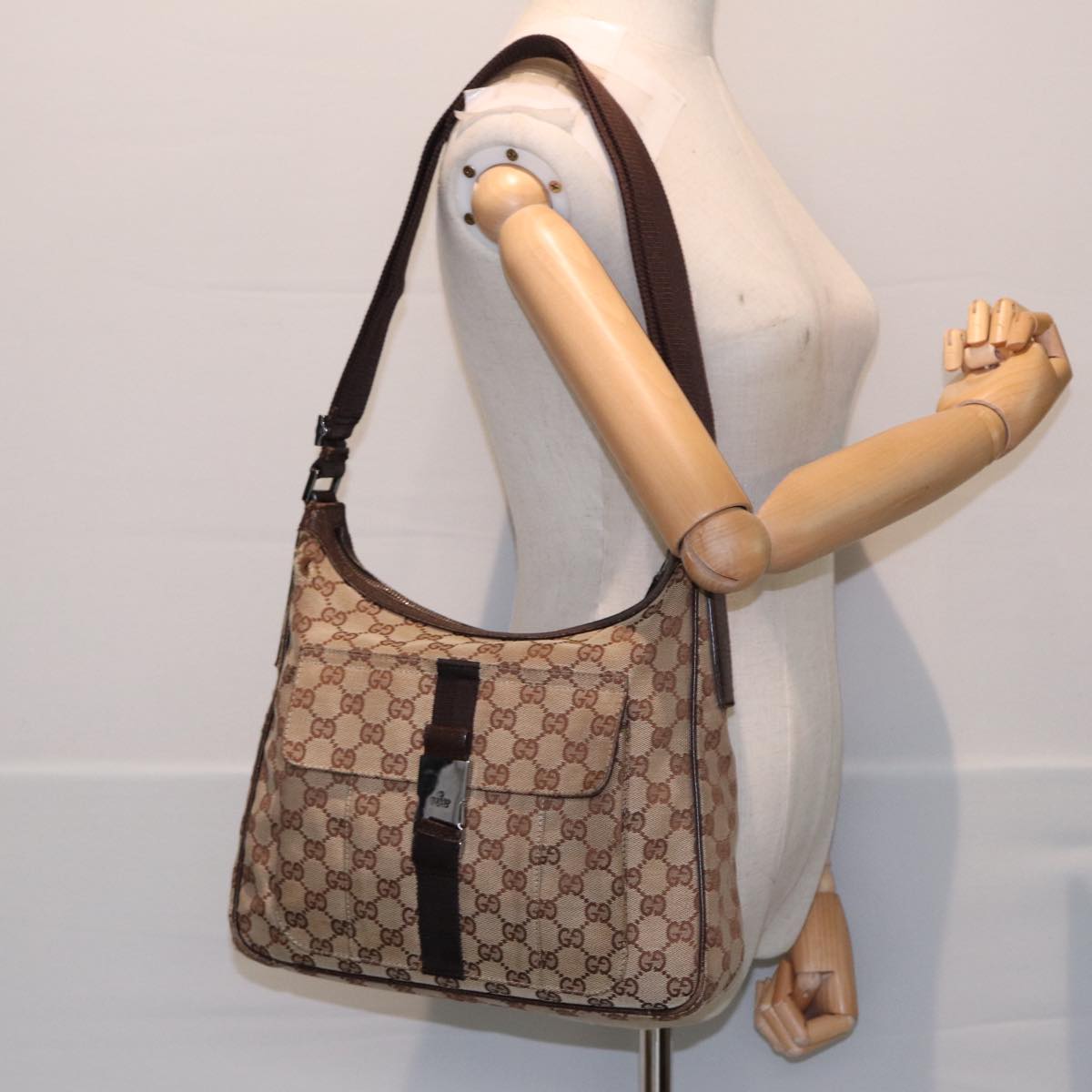 GUCCI GG Canvas Shoulder Bag Beige Brown Silver 131211 Auth 86557