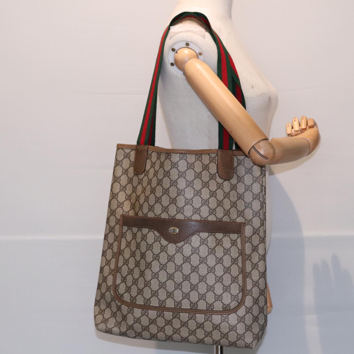 GUCCI GG Supreme Web Sherry Line Tote Bag PVC Leather Beige 39 02 003 Auth 86559