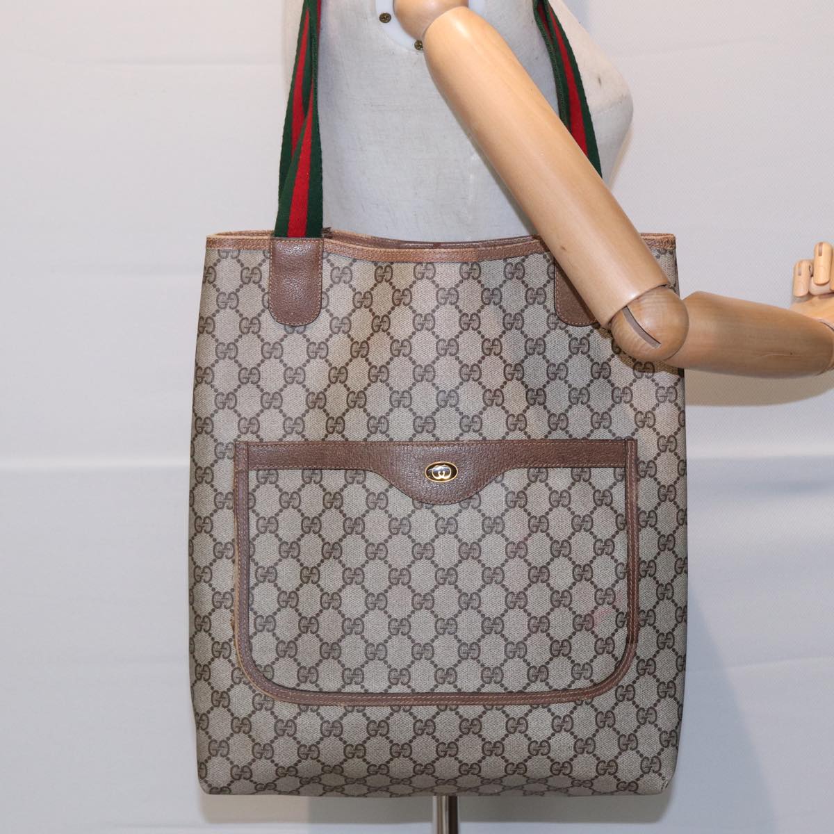 GUCCI GG Supreme Web Sherry Line Tote Bag PVC Leather Beige 39 02 003 Auth 86560