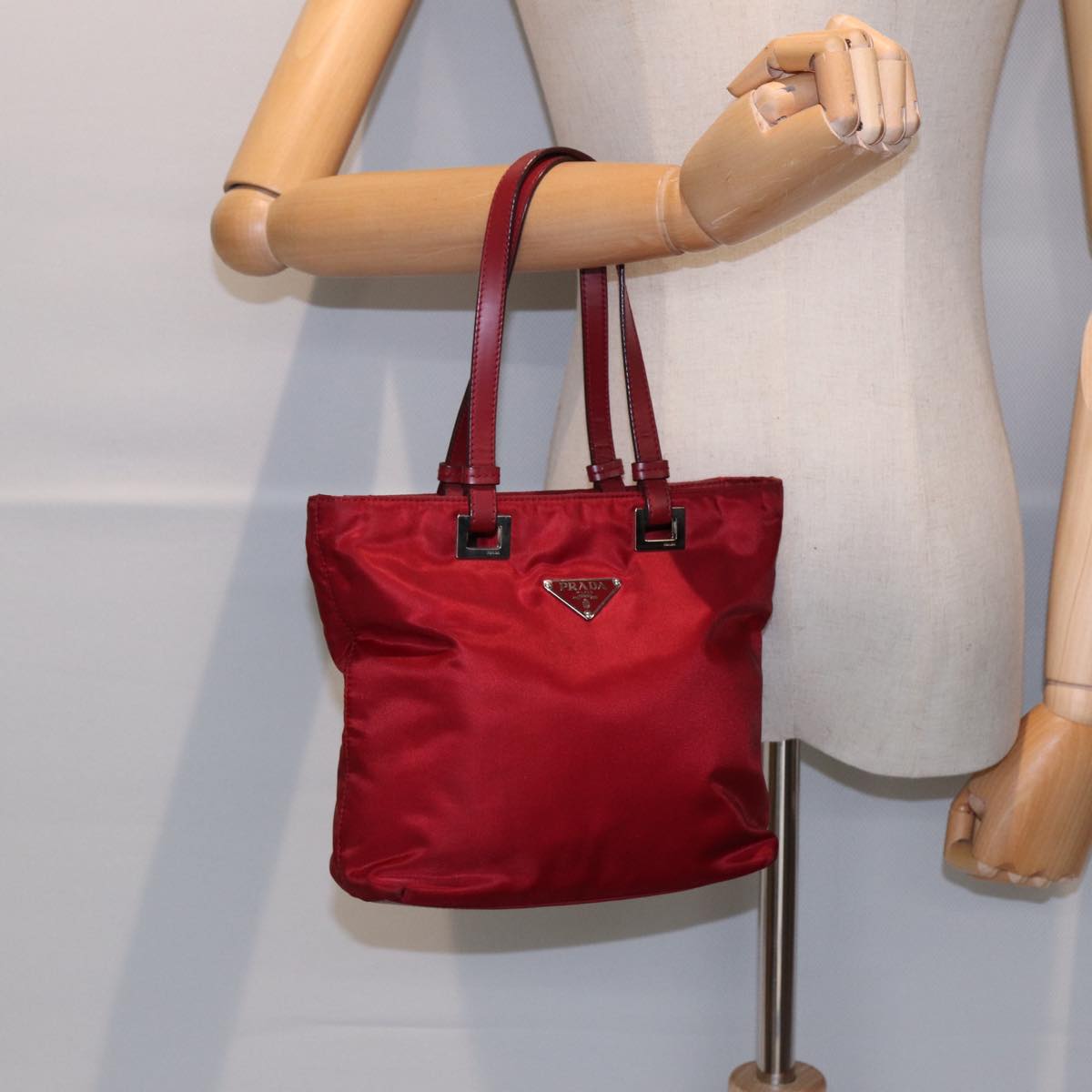 PRADA Hand Bag Nylon Red Silver Auth 86563