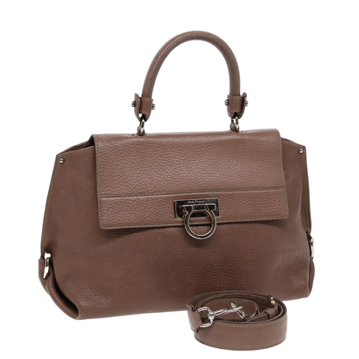 Salvatore Ferragamo Gancini Sofia Hand Bag Leather 2way Brown Silver Auth 86595