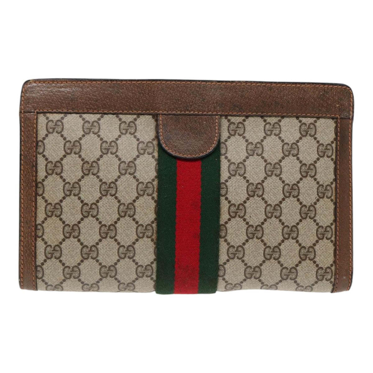 GUCCI Web Sherry Line GG Supreme Clutch Bag PVC Beige 89 01 002 Auth 86599