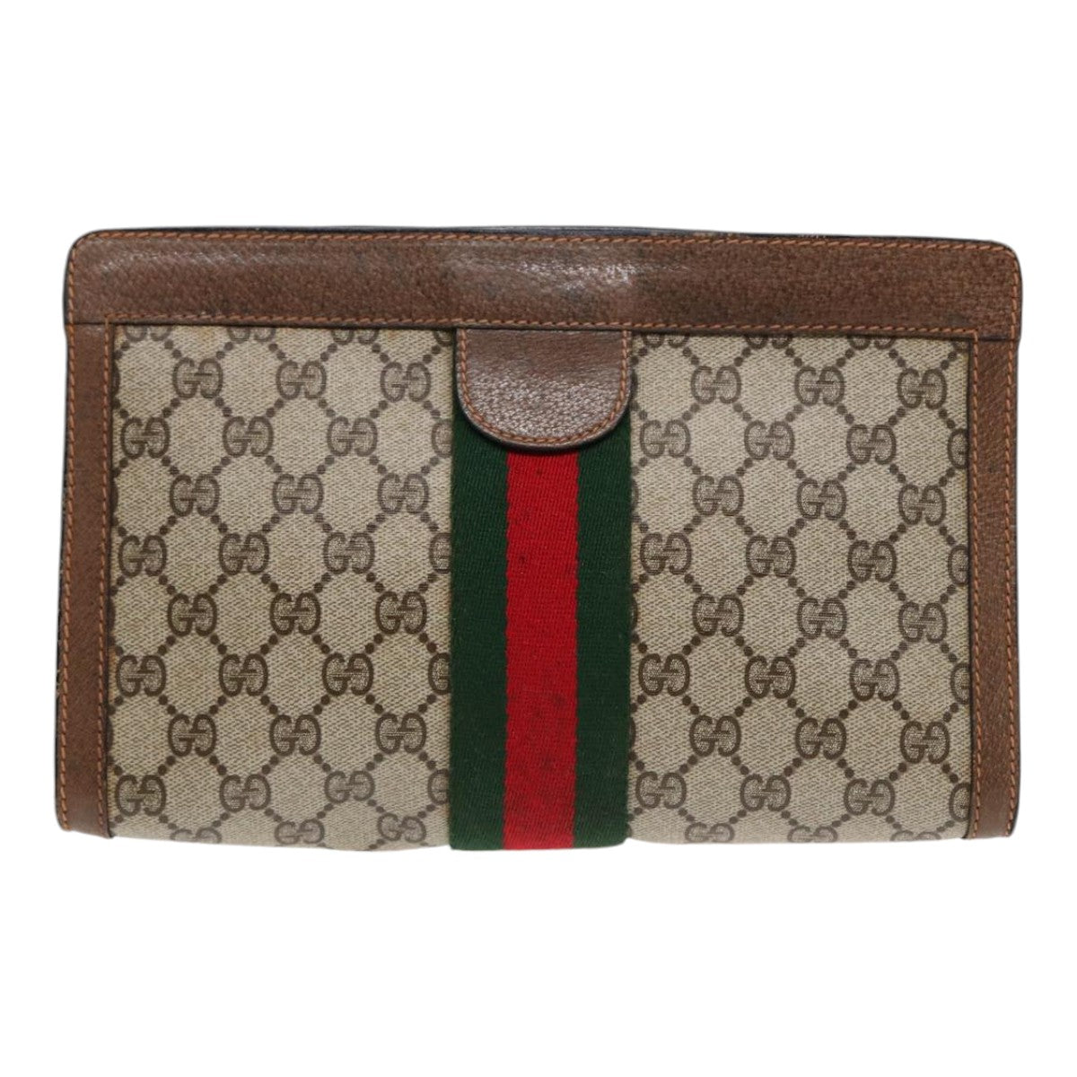 GUCCI Web Sherry Line GG Supreme Clutch Bag PVC Beige 89 01 002 Auth 86599 - 0