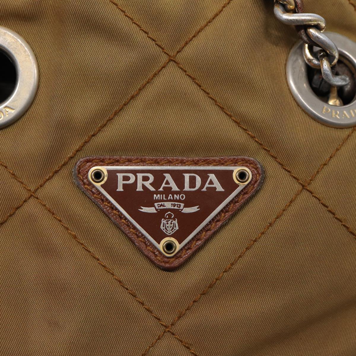 PRADA Chain Shoulder Bag Nylon Khaki Gold Auth 86608