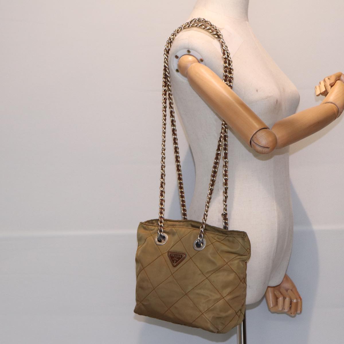 PRADA Chain Shoulder Bag Nylon Khaki Gold Auth 86608