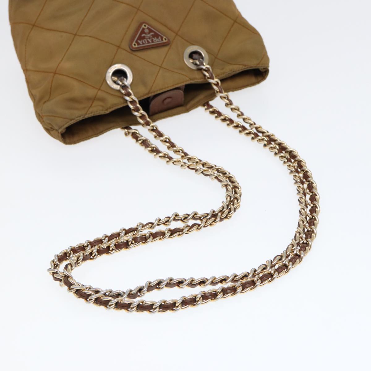 PRADA Chain Shoulder Bag Nylon Khaki Gold Auth 86608