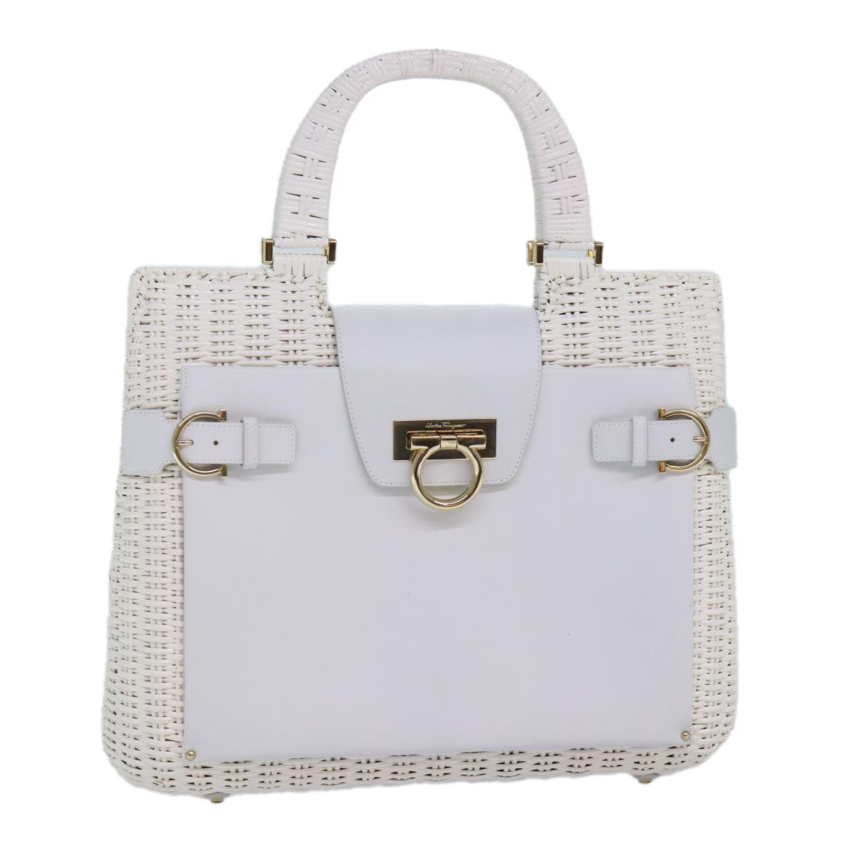 Salvatore Ferragamo Gancini Hand Bag Wicker White Gold Auth 86611