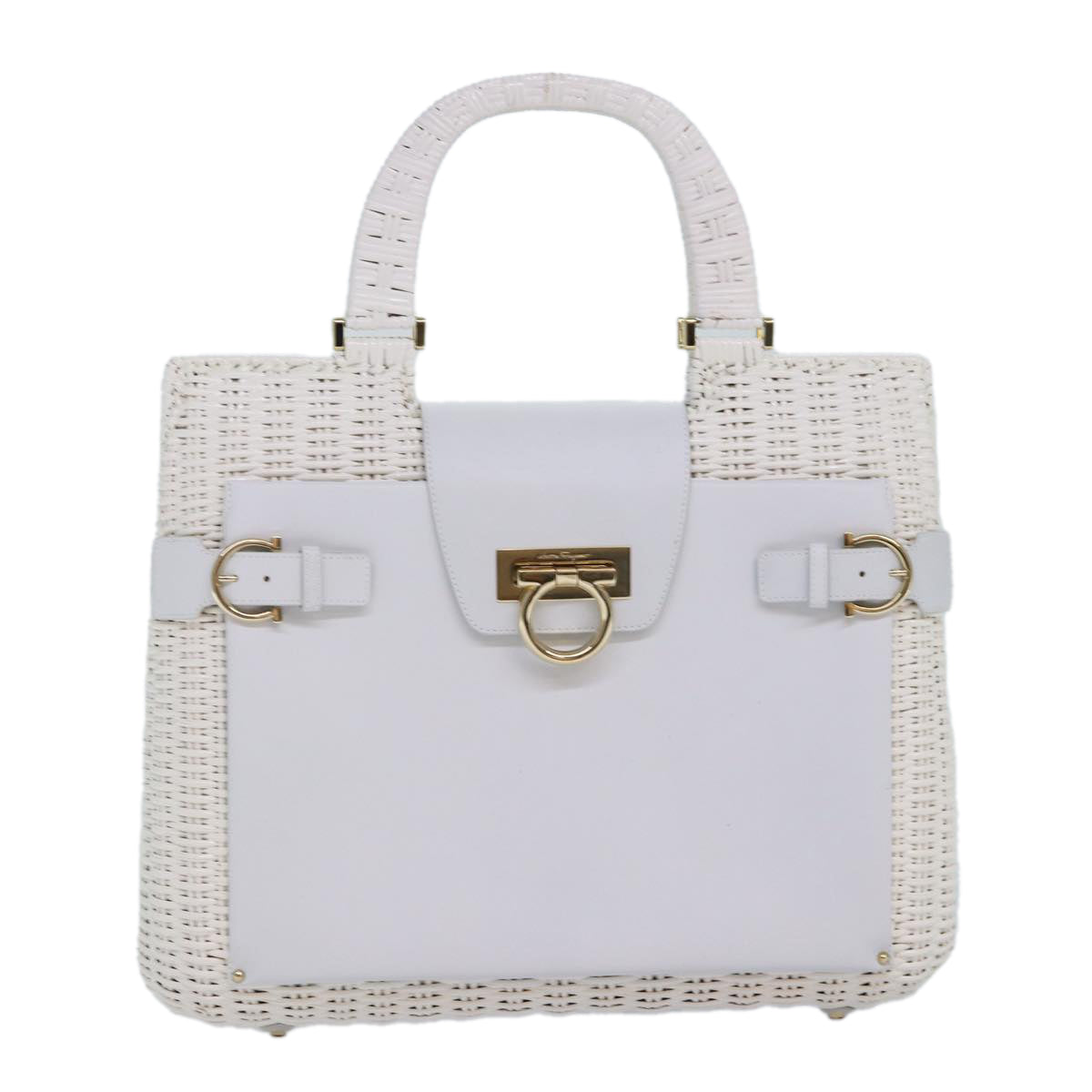 Salvatore Ferragamo Gancini Hand Bag Wicker White Gold Auth 86611 - 0