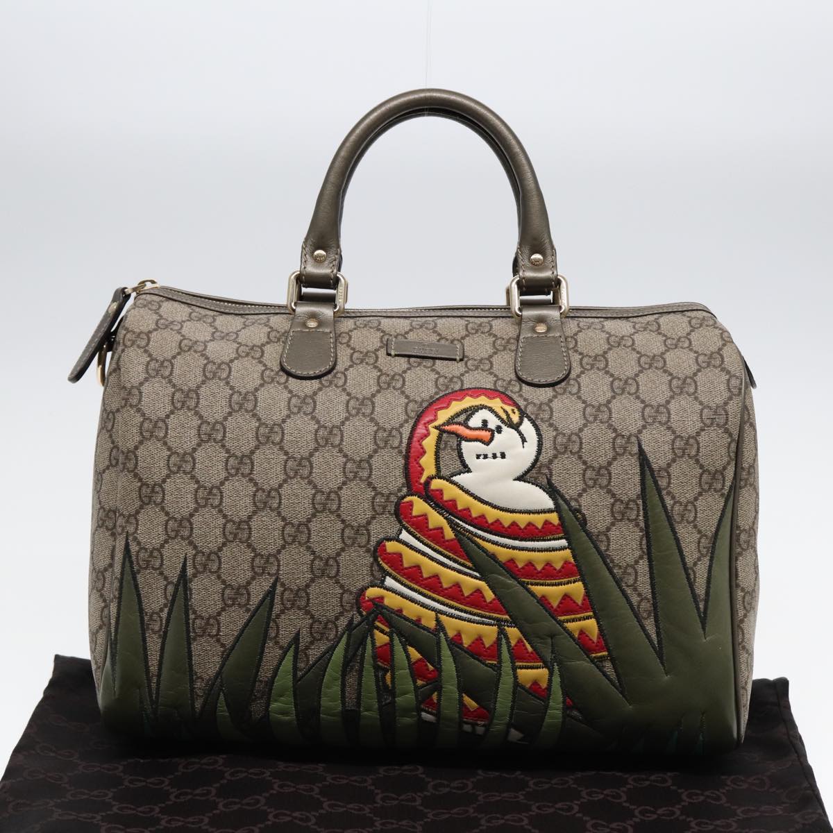 GUCCI GG Supreme UNICEF Snowman in Africa Boston Bag PVC Beige 189895 Auth 86638