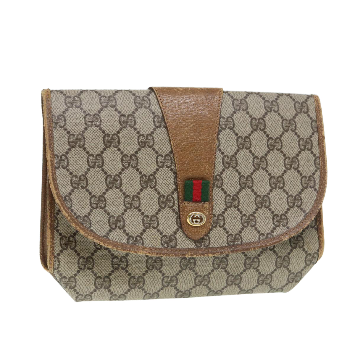 GUCCI GG Supreme Web Sherry Line Clutch Bag PVC Beige Gold 89 01 030 Auth 86641