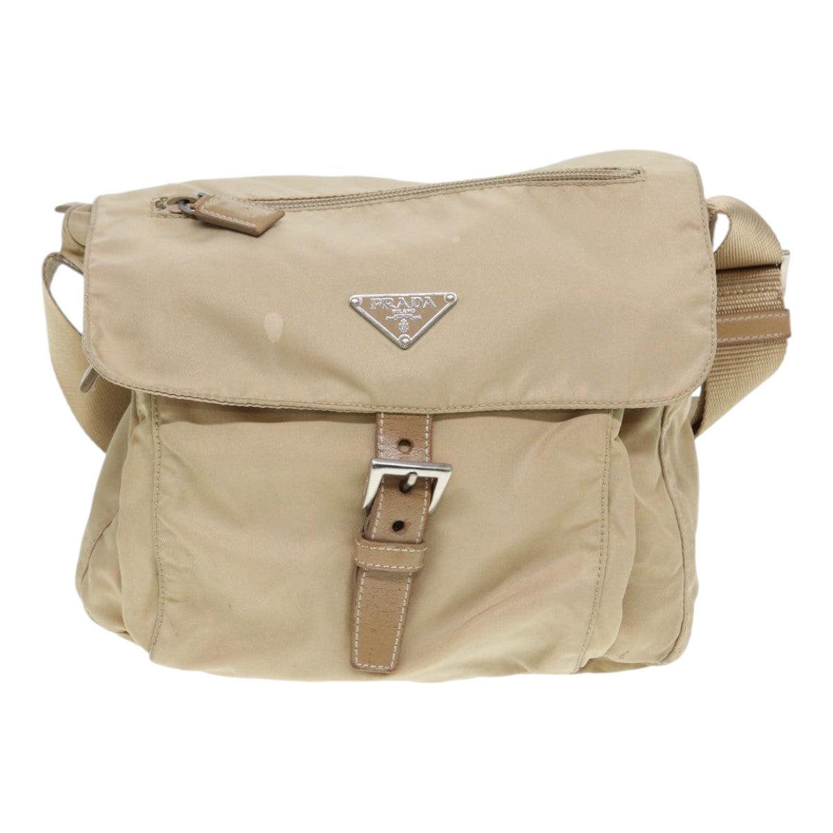 PRADA Shoulder Bag Nylon Beige Silver Auth 86645