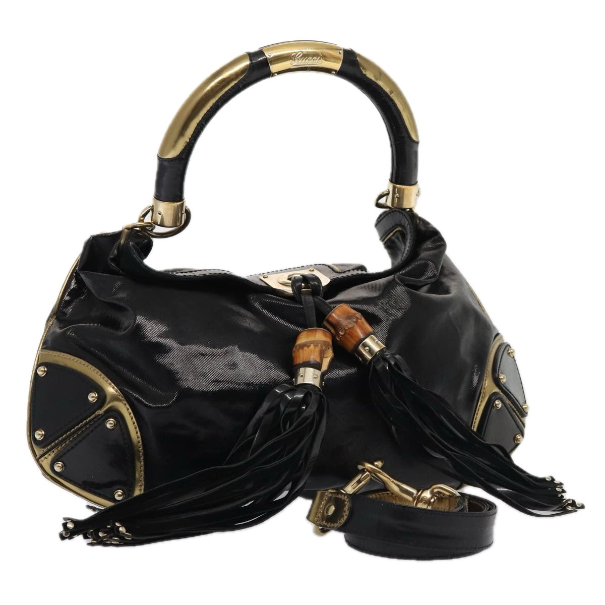 GUCCI Hand Bag Enamel 2way Black Gold 185566 Auth 86648