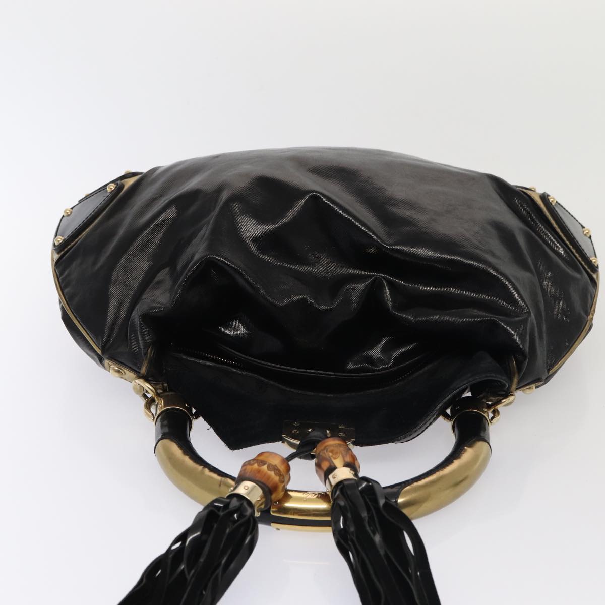 GUCCI Hand Bag Enamel 2way Black Gold 185566 Auth 86648