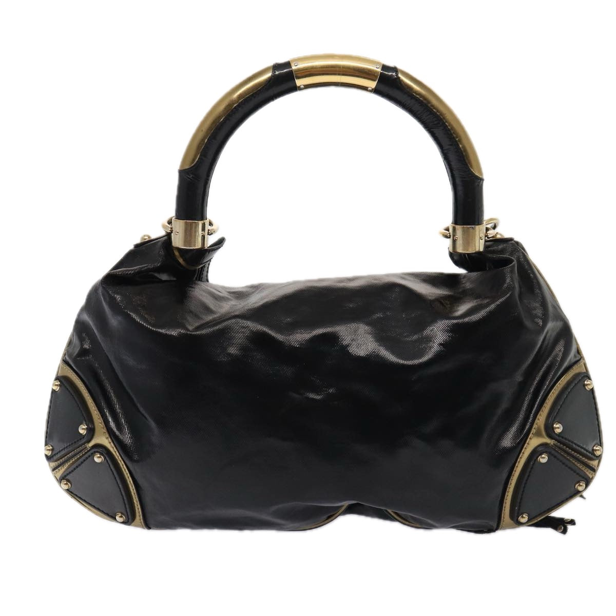 GUCCI Hand Bag Enamel 2way Black Gold 185566 Auth 86648 - 0