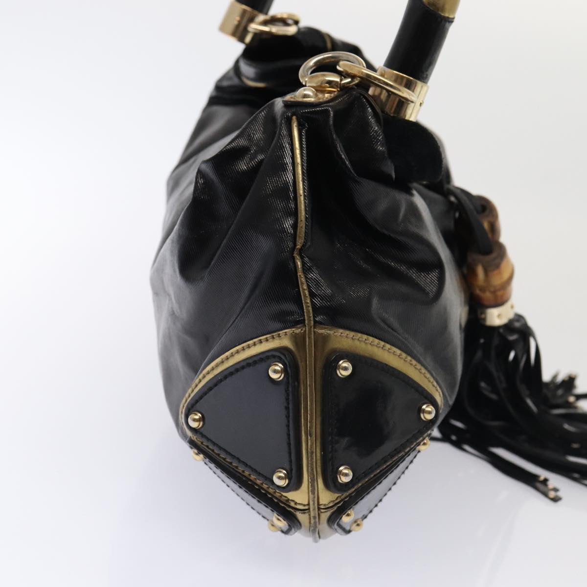 GUCCI Hand Bag Enamel 2way Black Gold 185566 Auth 86648