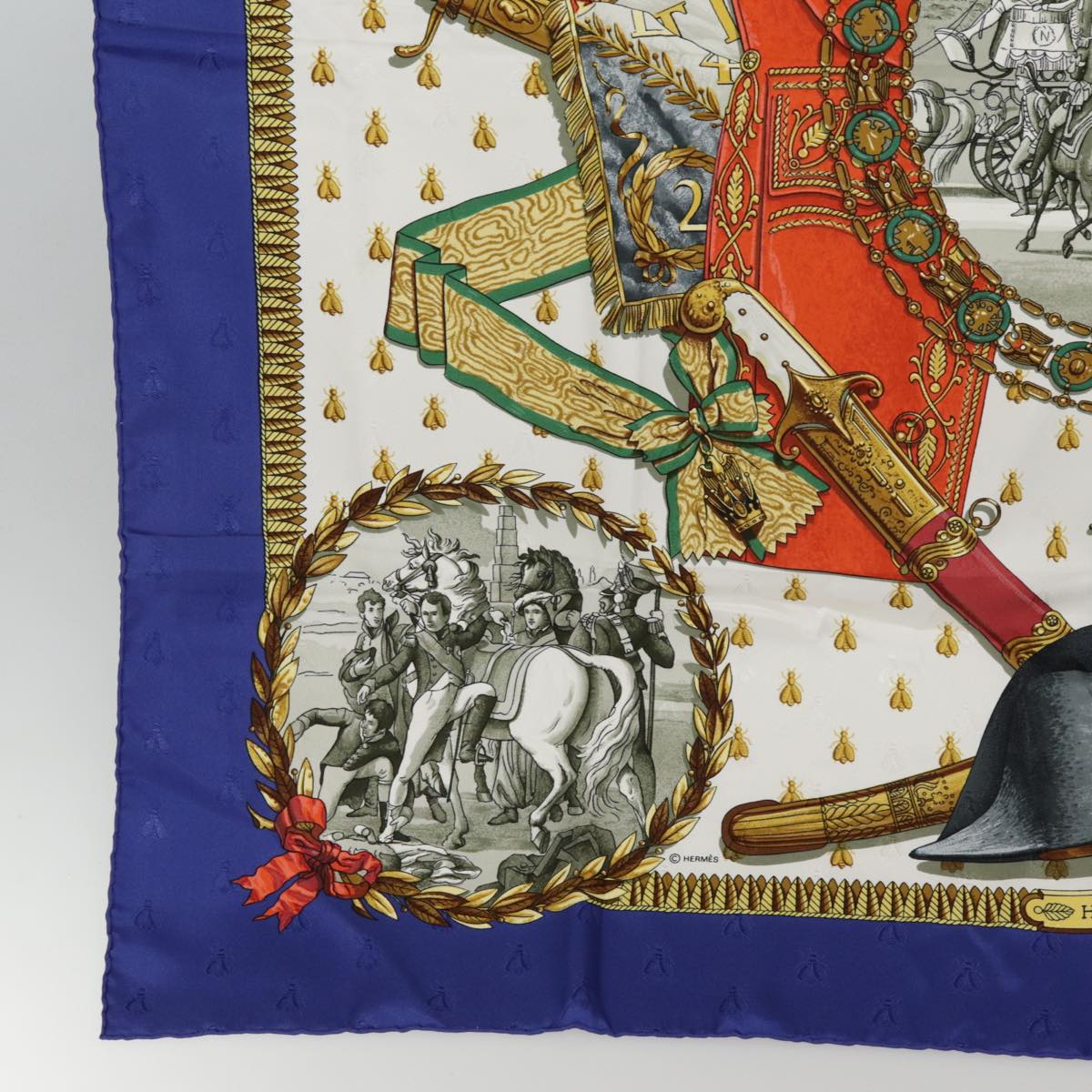 HERMES Carre 90 Scarf ""NAPOLEON"" Silk Blue White Auth 86703