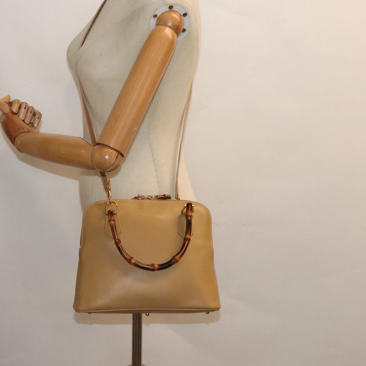 GUCCI Bamboo Hand Bag Leather 2way Beige Gold 000 2058 0290 Auth 86706