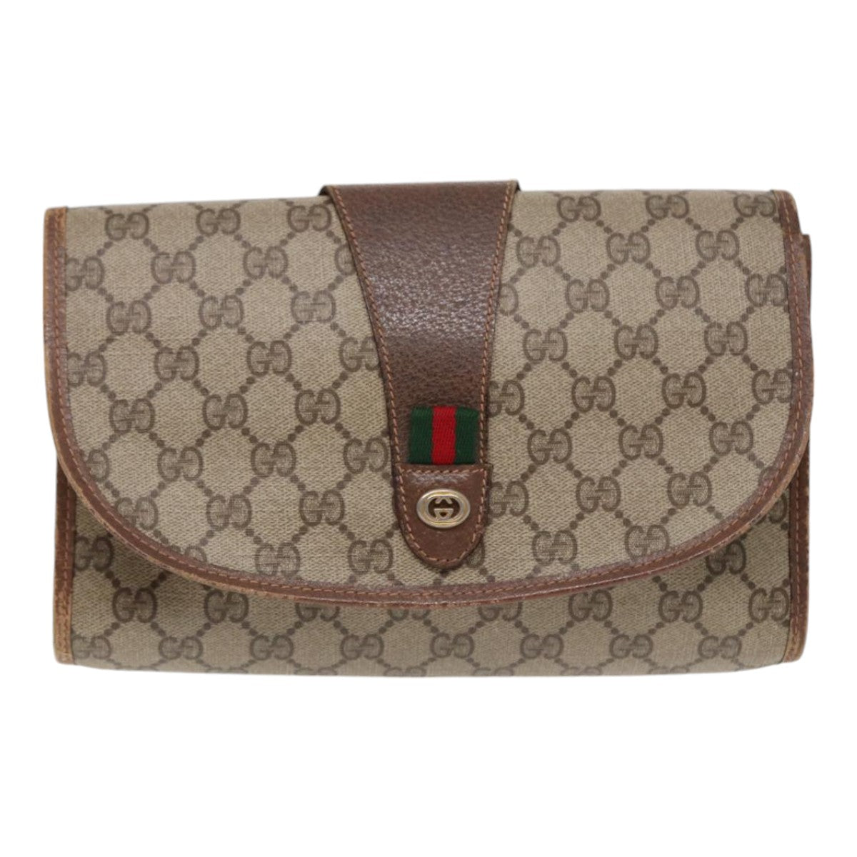 GUCCI GG Supreme Web Sherry Line Clutch Bag PVC Beige Red 89 01 030 Auth 86825