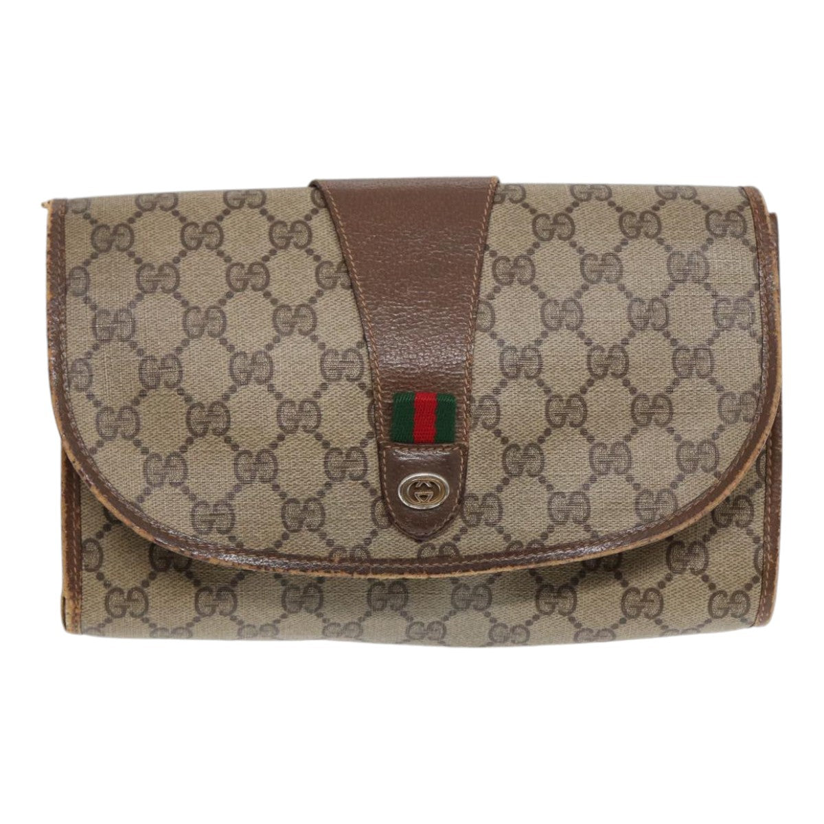 GUCCI GG Supreme Web Sherry Line Clutch Bag PVC Beige Red 89 01 030 Auth 86827