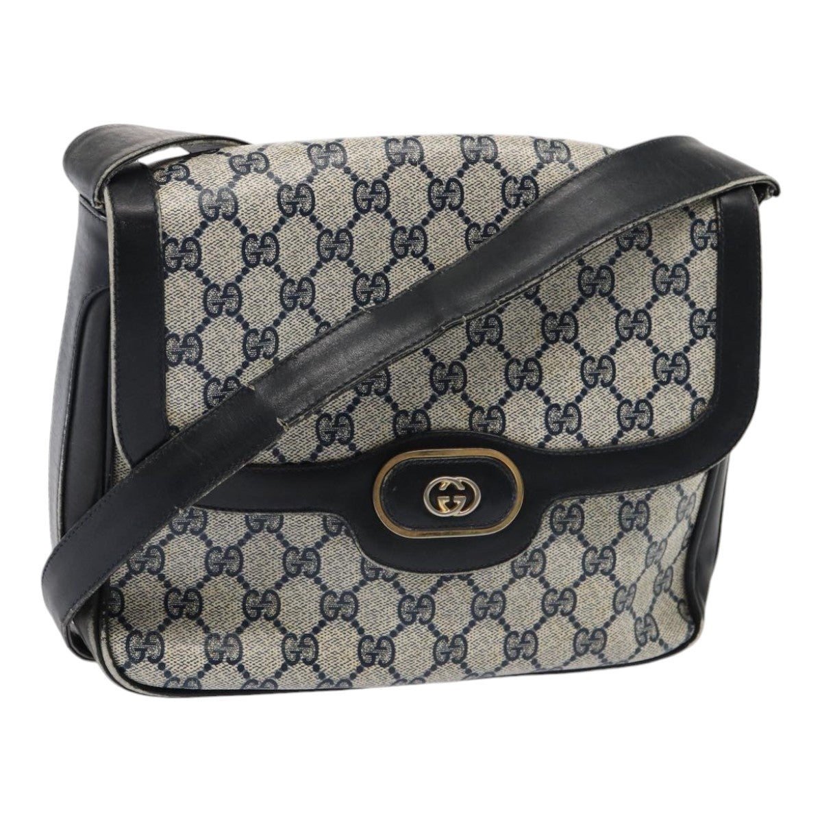 GUCCI GG Supreme Shoulder Bag PVC Leather Navy Gold Auth 86830