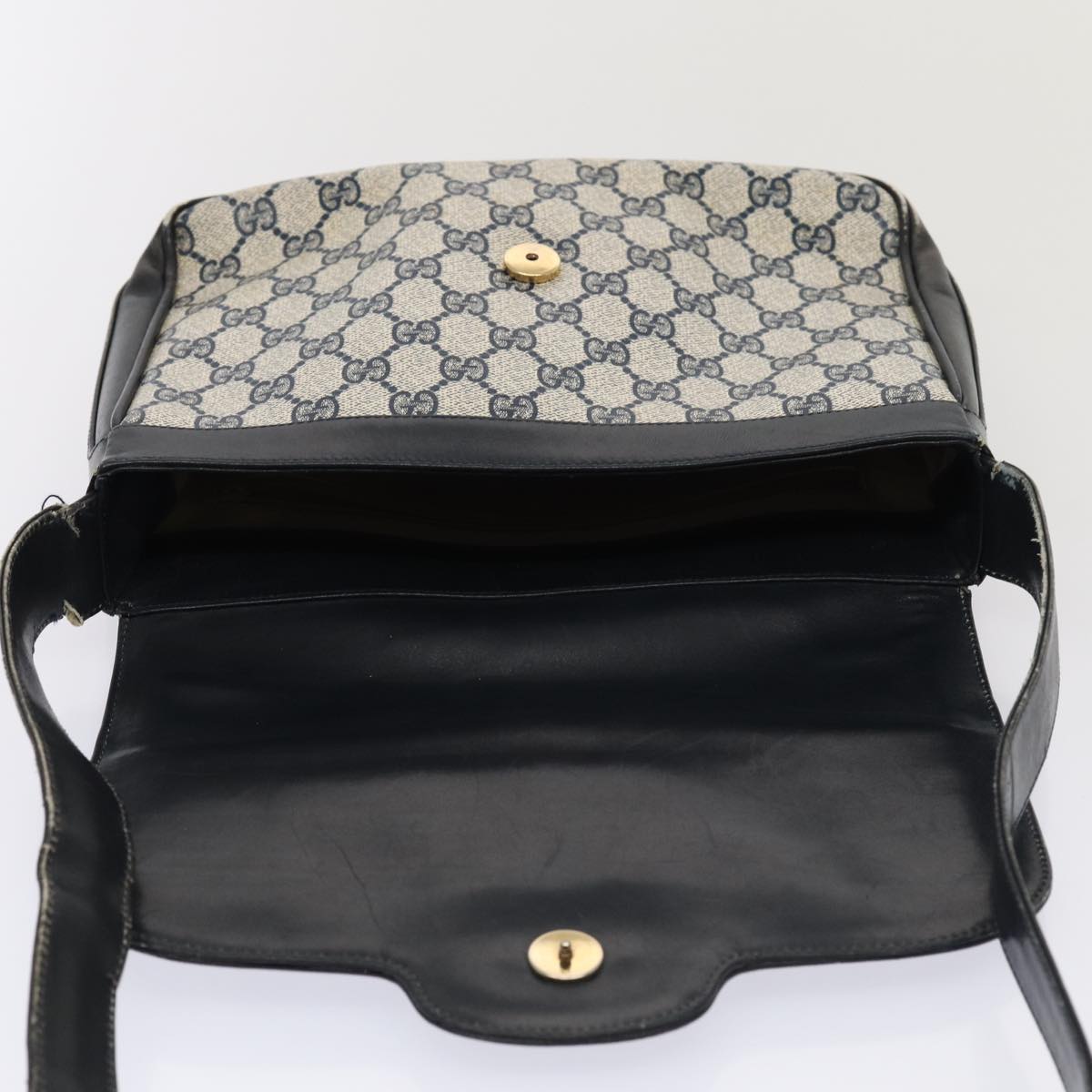 GUCCI GG Supreme Shoulder Bag PVC Leather Navy Gold Auth 86830