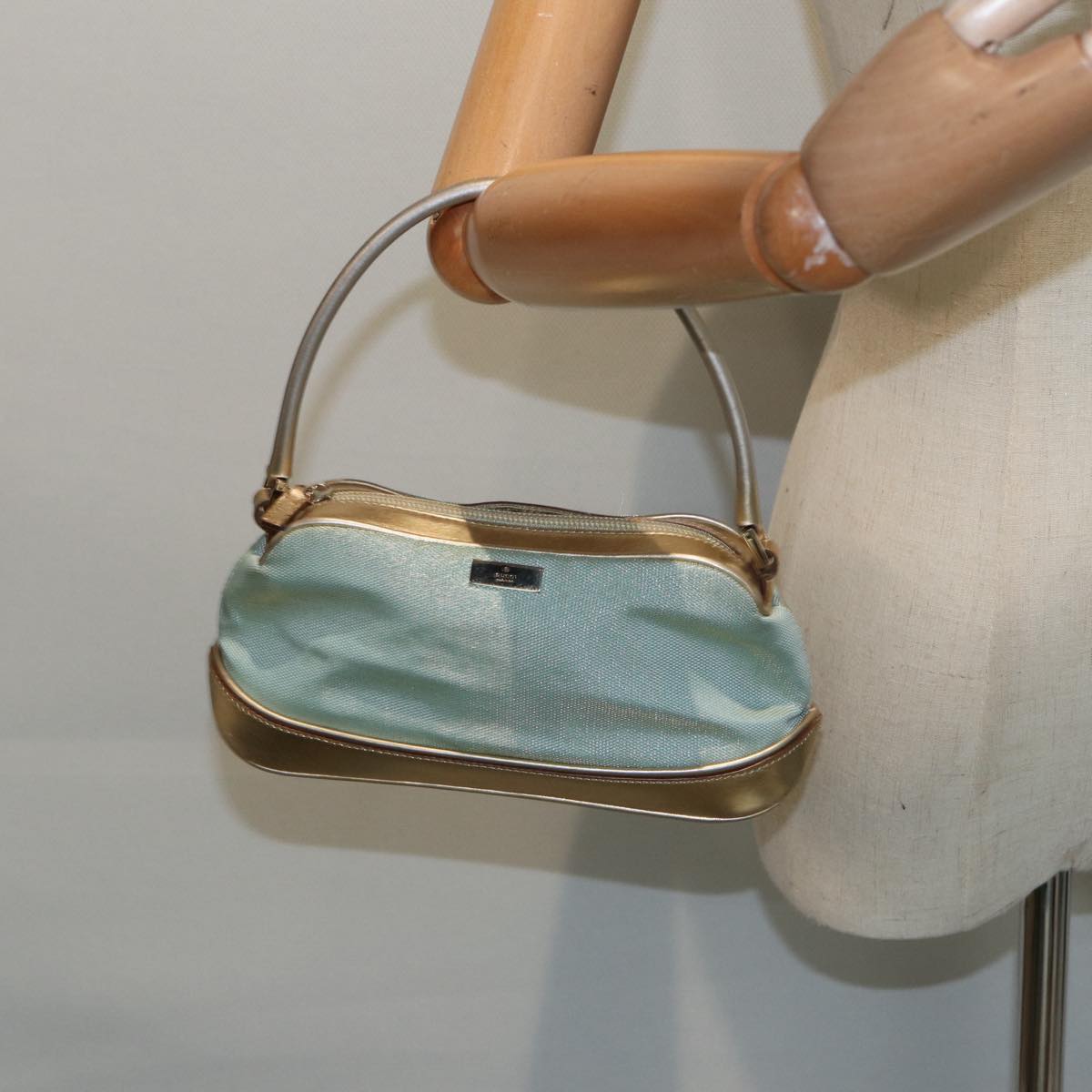 GUCCI Hand Bag Canvas Gold Light Blue Auth 86832