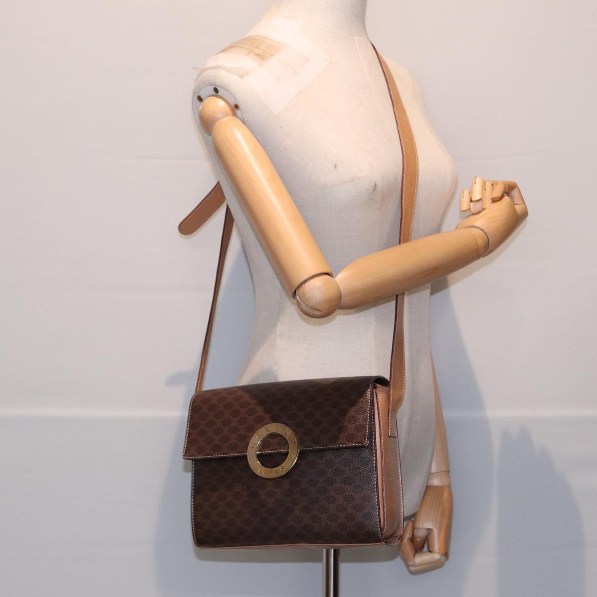 CELINE Macadam Canvas Circle Shoulder Bag PVC Leather Gold Brown Auth 86835