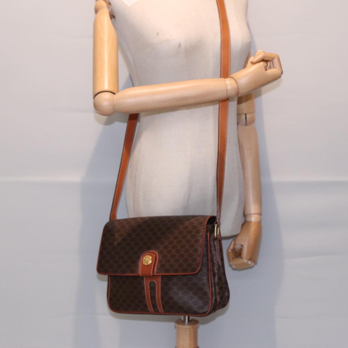 CELINE Macadam Canvas Shoulder Bag PVC Leather Brown Gold Auth 86836