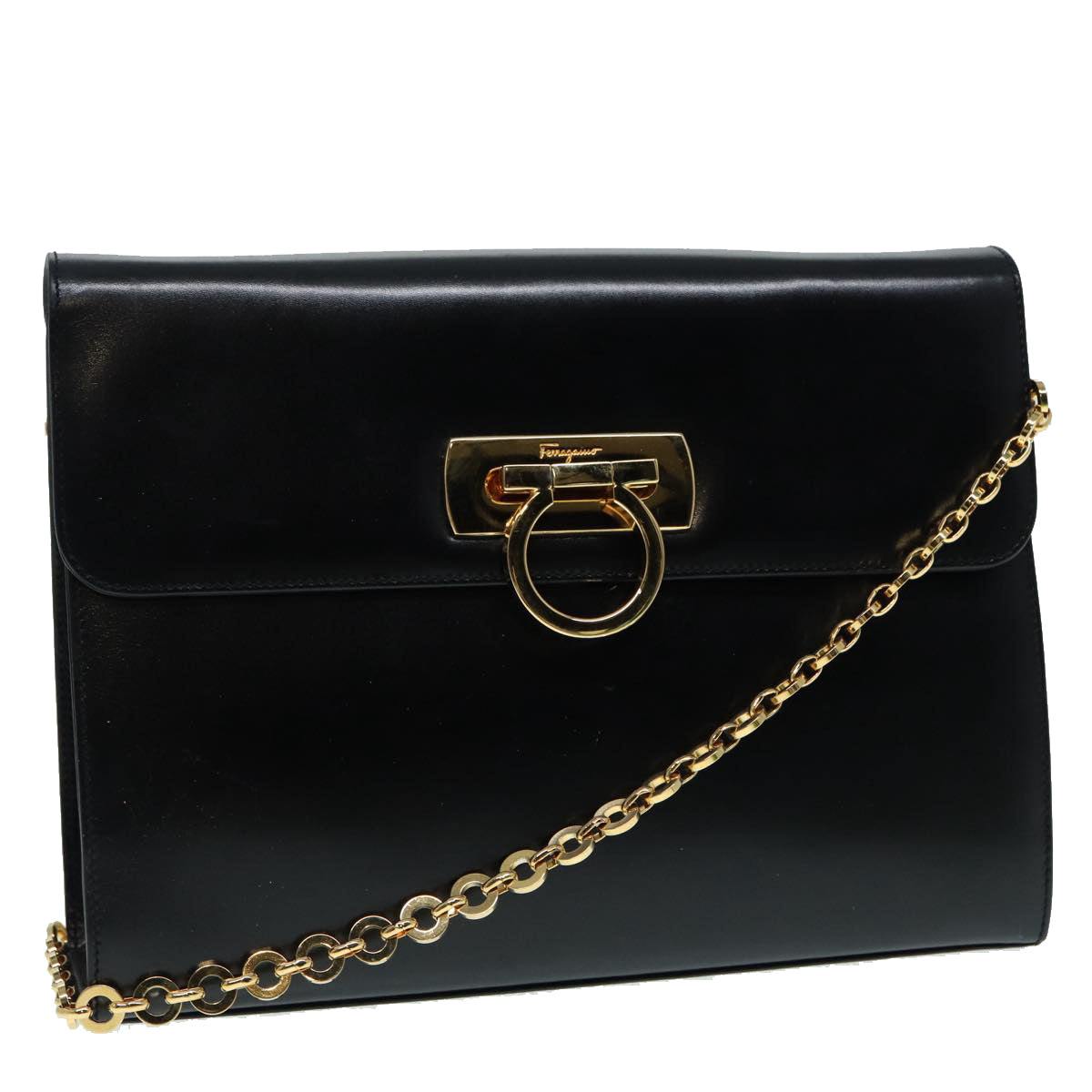 Salvatore Ferragamo Gancini Chain Shoulder Bag Leather Black Gold Auth 86838