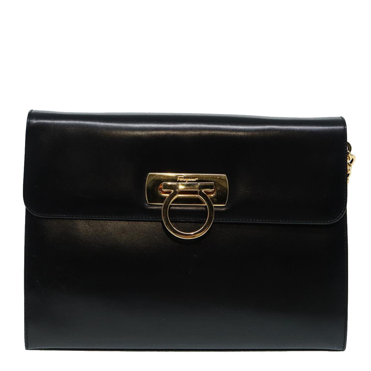 Salvatore Ferragamo Gancini Chain Shoulder Bag Leather Black Gold Auth 86838