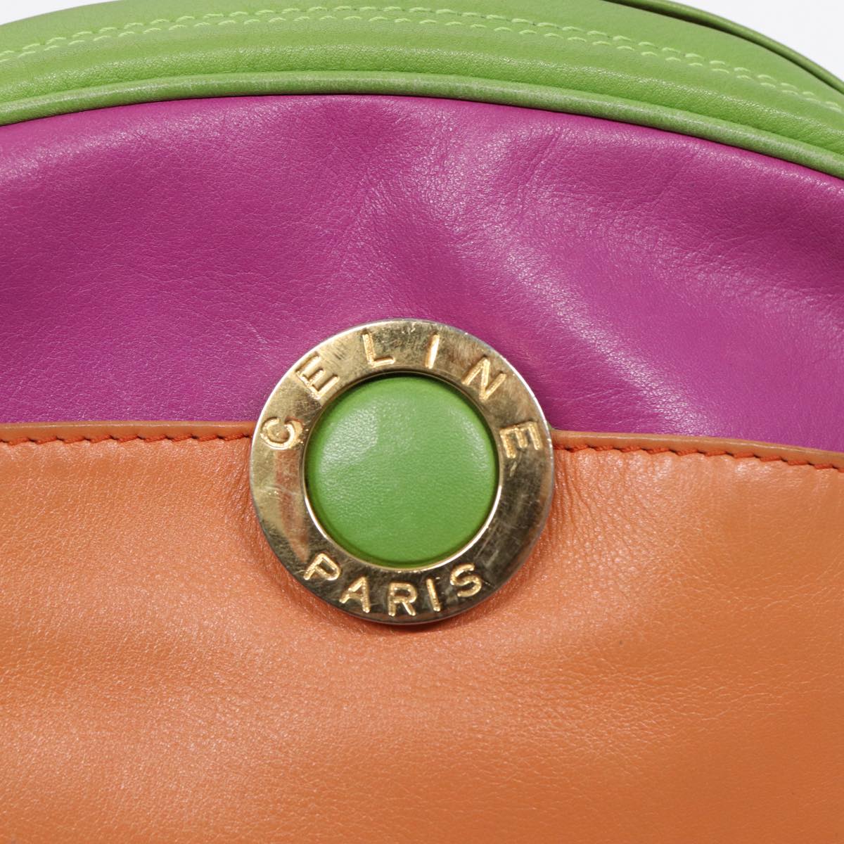 CELINE Shoulder Bag Leather Pink Green gold Auth 86839