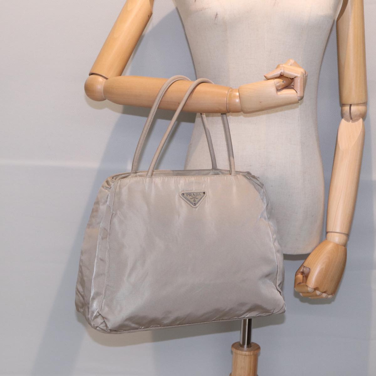 PRADA Hand Bag Nylon Beige Silver Auth 86884