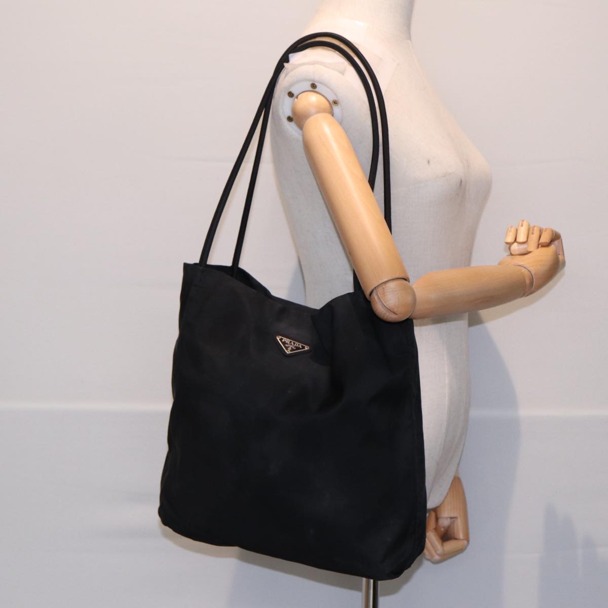 PRADA Tote Bag Nylon Black Silver Auth 86886