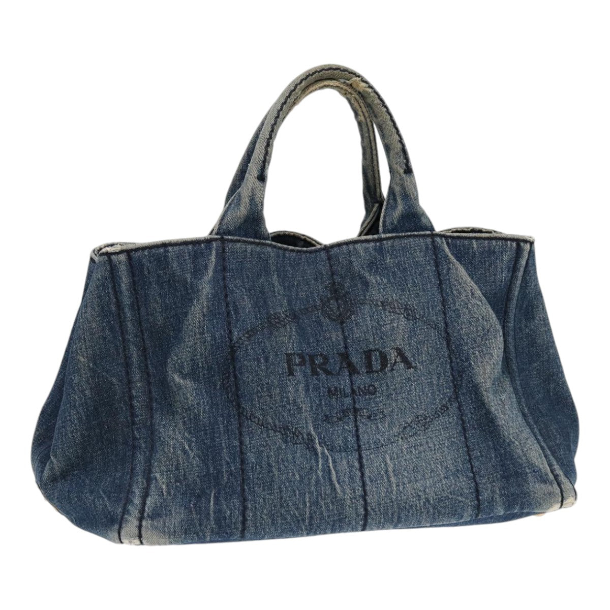 PRADA Canapa MM Hand Bag Denim Blue Gold Auth 86896