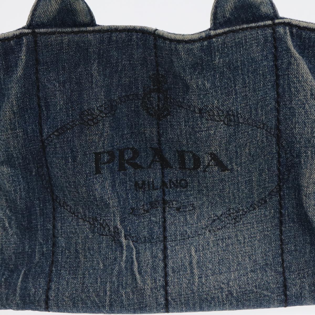 PRADA Canapa MM Hand Bag Denim Blue Gold Auth 86896