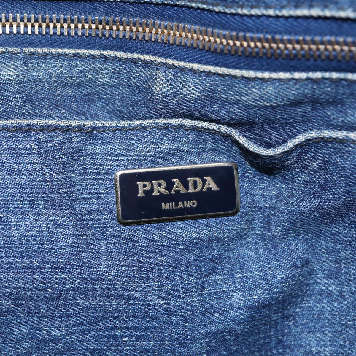 PRADA Canapa MM Hand Bag Denim Blue Gold Auth 86896