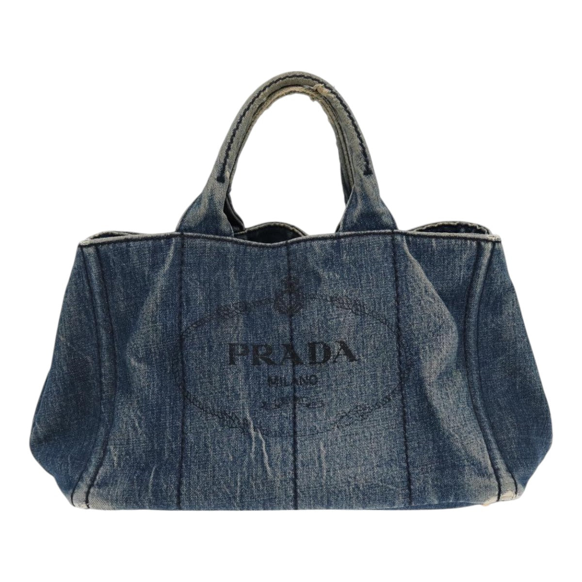 PRADA Canapa MM Hand Bag Denim Blue Gold Auth 86896 - 0